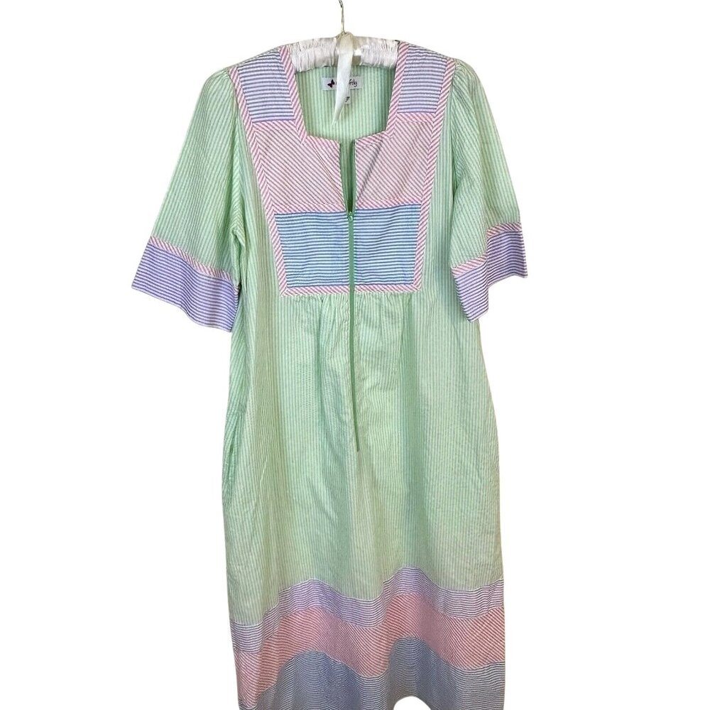 Go Softly Womens Striped MuMu Housedress Small Maxi Short Sleeve Green Pink Zip